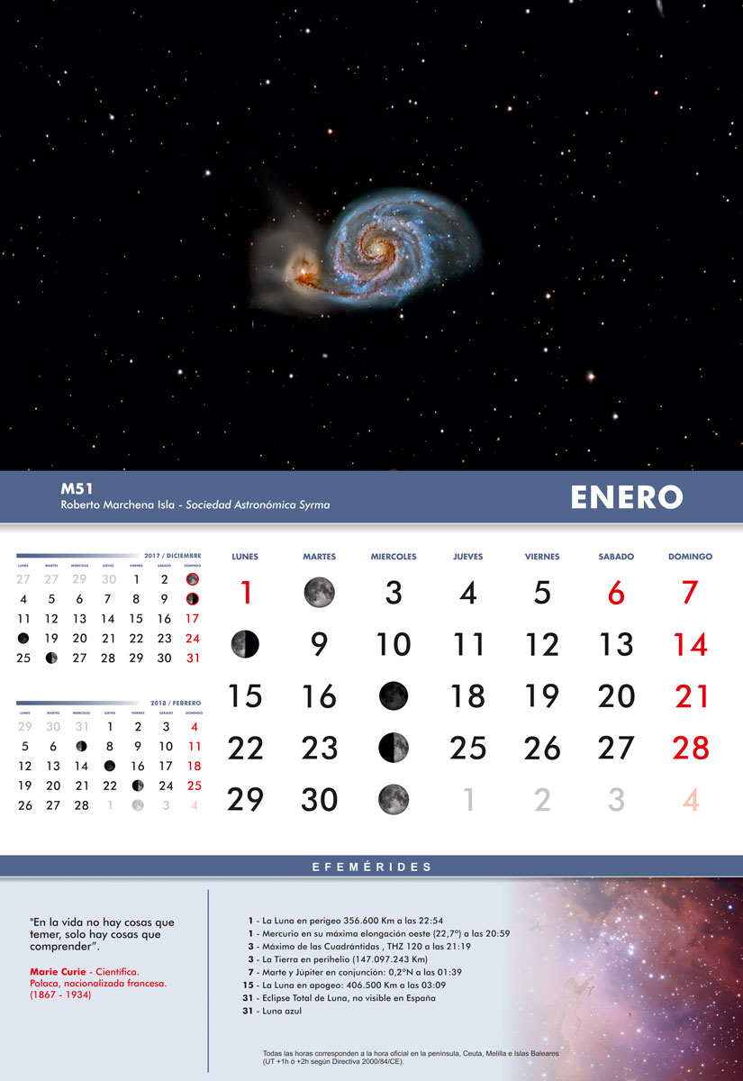 Mes de enero en el Astrocalendario 2018 de la FAAE