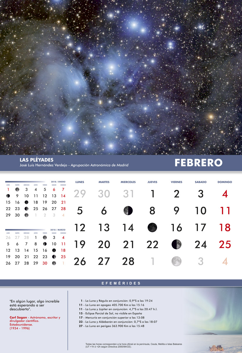 Mes de febrero en el Astrocalendario 2018 de la FAAE